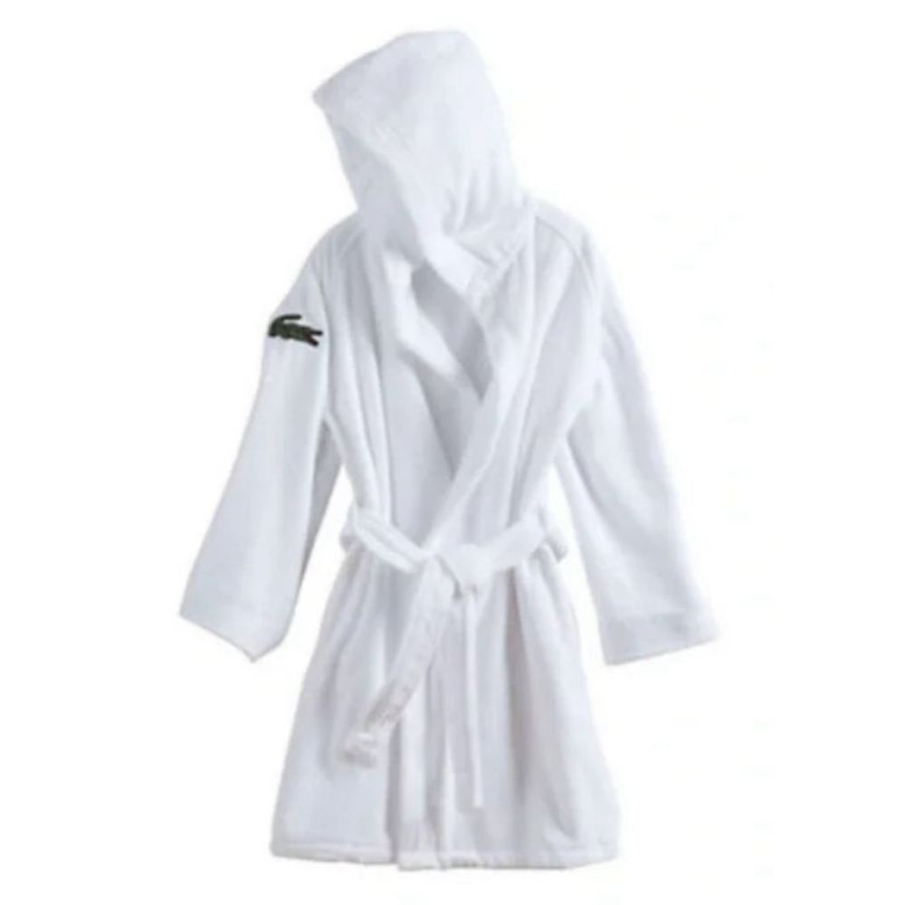 Lacoste White Hooded Short Robe with Iconic Alligator